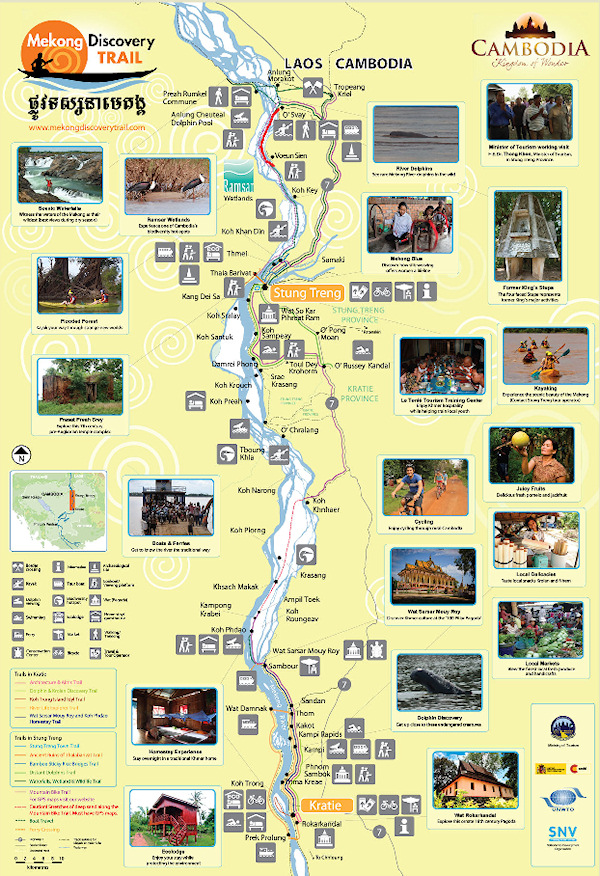 Mekong od Stung Treng do Kratie, zdroj www.mekongdiscoverytrail.com, přibližná trasa plavby vyznačena červeně Mekong od Stung Treng do Kratie, zdroj www.mekongdiscoverytrail.com, přibližná trasa plavby vyznačena červeně